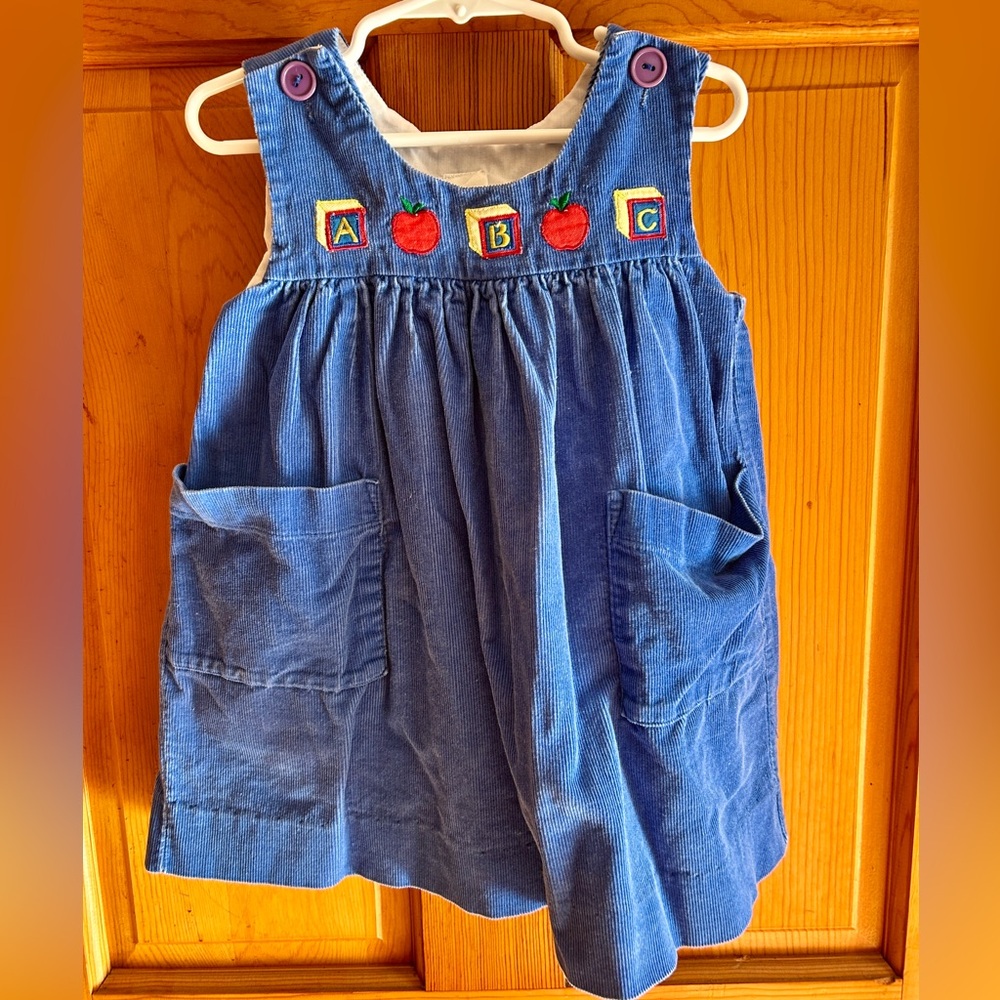 Vintage Blue Corduroy Jumper with ABC Apple Embroidery